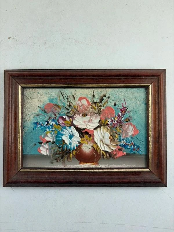 Petit tableau bouquet de fleurs en relief encadré vintage